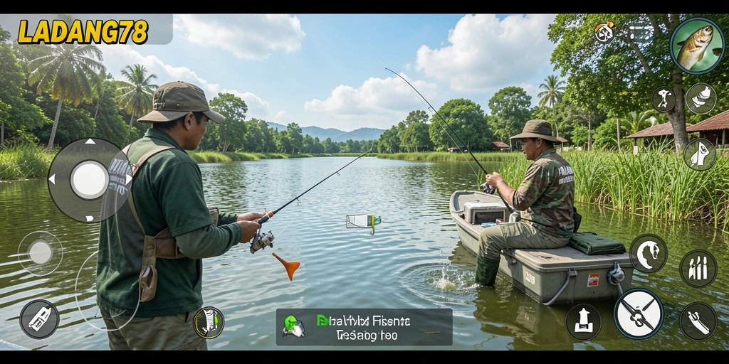 Screenshot LADANG78 memperlihatkan pemain menangkap ikan dengan latar belakang alam yang indah.