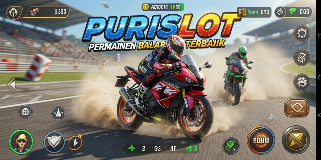 Tampilan gameplay menegangkan di PURISLOT dengan motor yang melaju kencang.