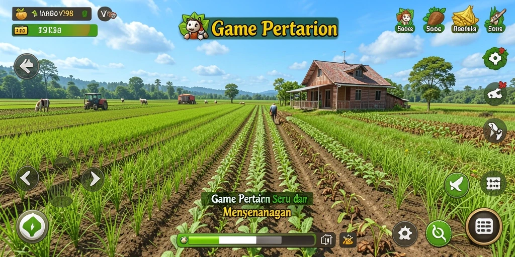 Screenshot utama V98 menampilkan gambar ladang hijau yang subur dan penuh kehidupan.